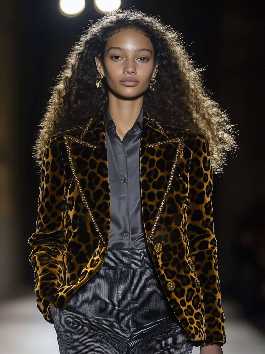 Casual Fashion Velvet Leopard Print Lapel Gold Edge Blazer