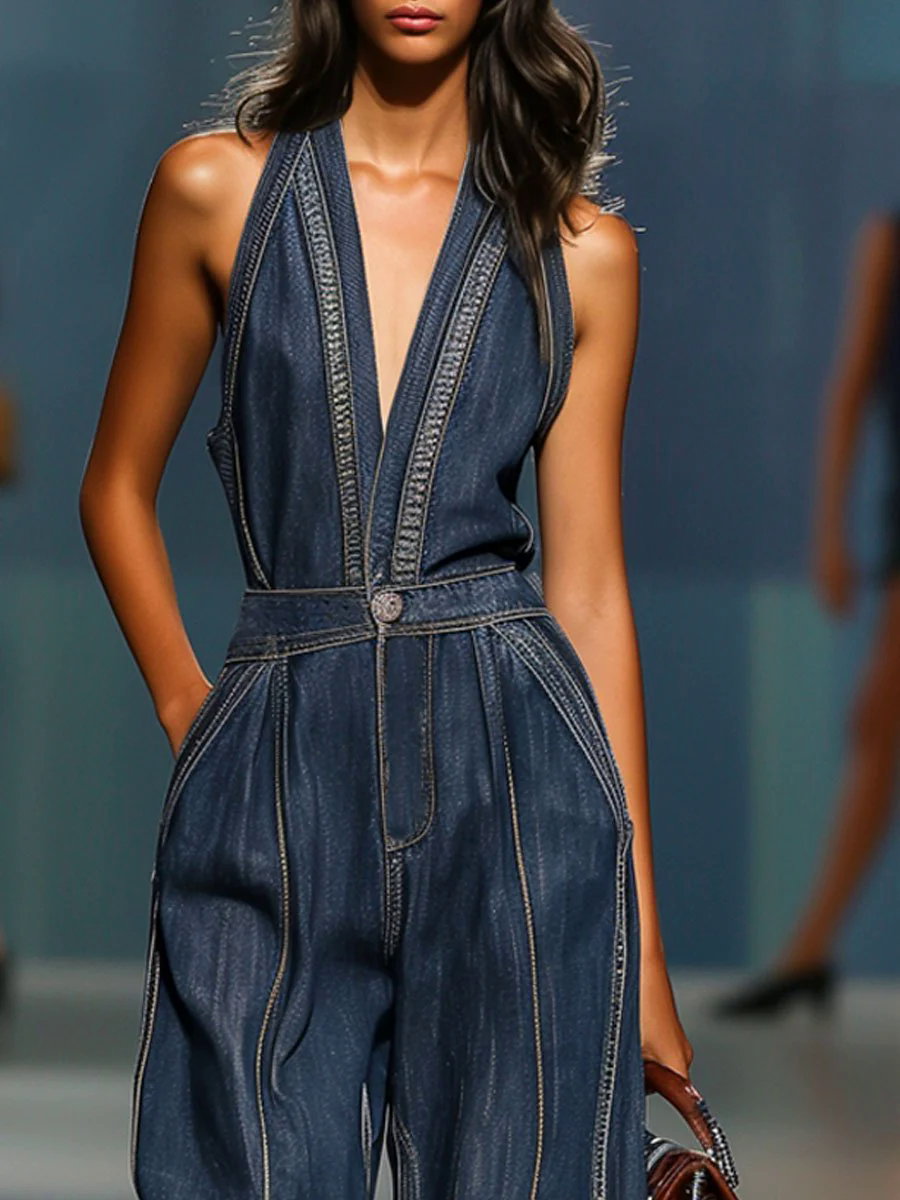 V-Neck Casual Retro Sleeveless Wide-Leg Denim Jumpsuit