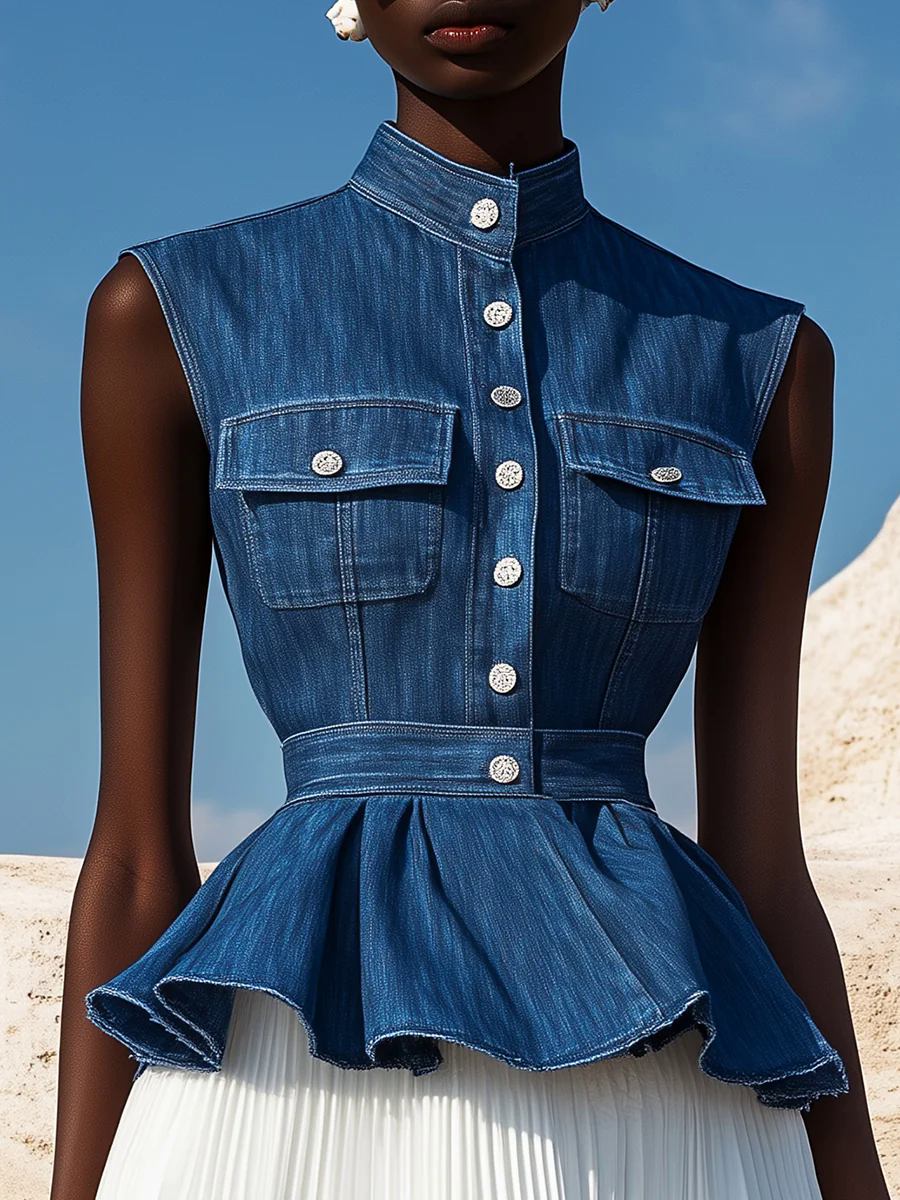 Elegant Half Turtleneck Waist Ruffled Hem Denim Sleeveless Shirt
