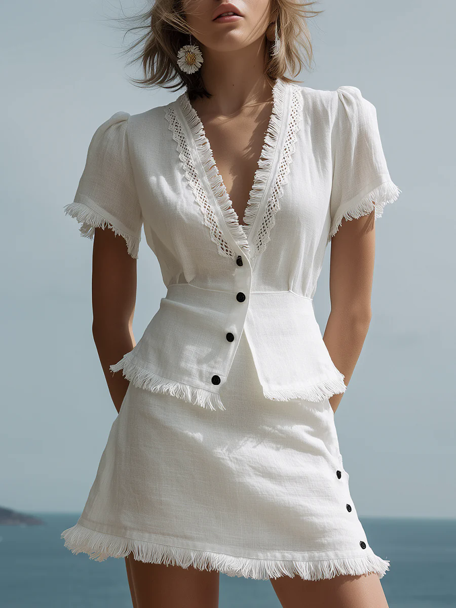Refreshing And Breathable V-neck Short-sleeved Shirt And Tassel Skirt Two-piece Suit