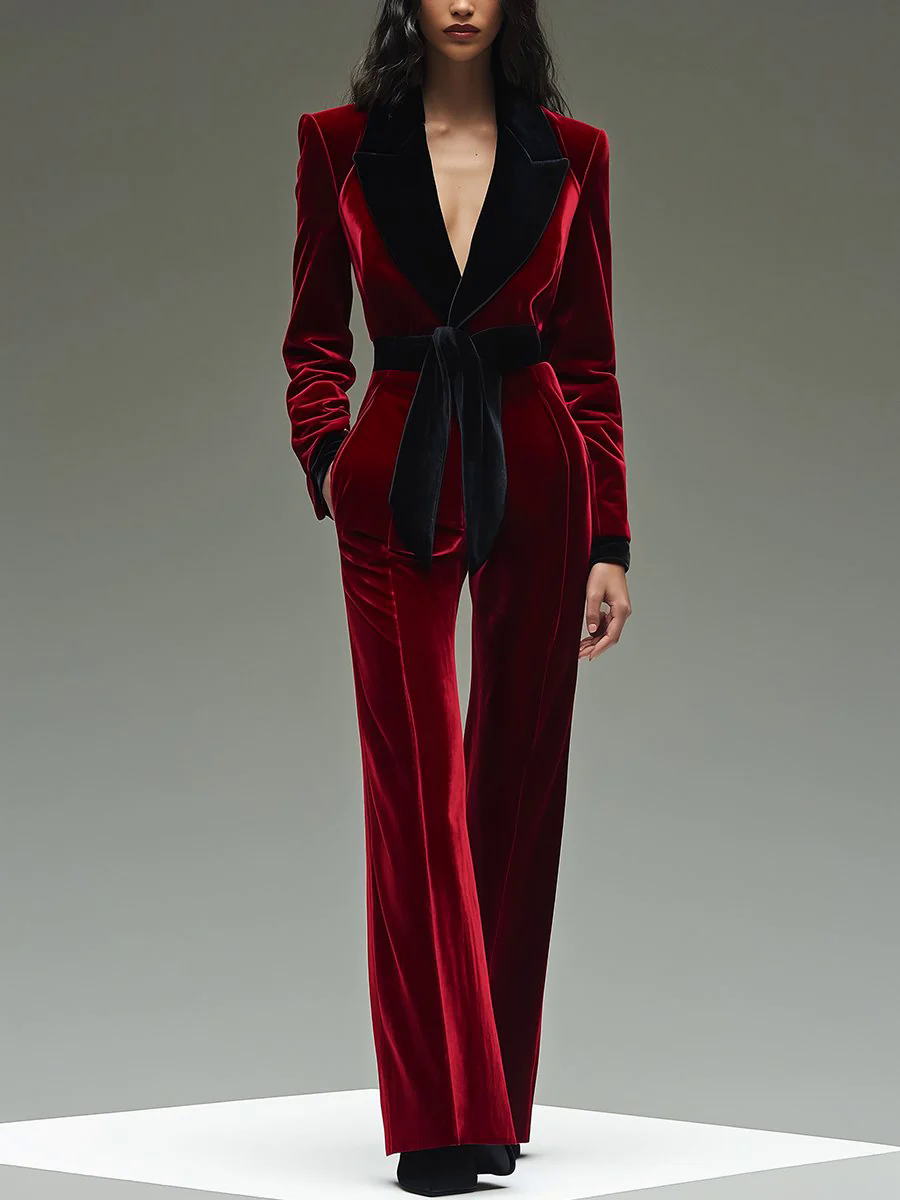 Retro Fashion Lapel Belt Different Color Velvet Stitching Jumpsuit
