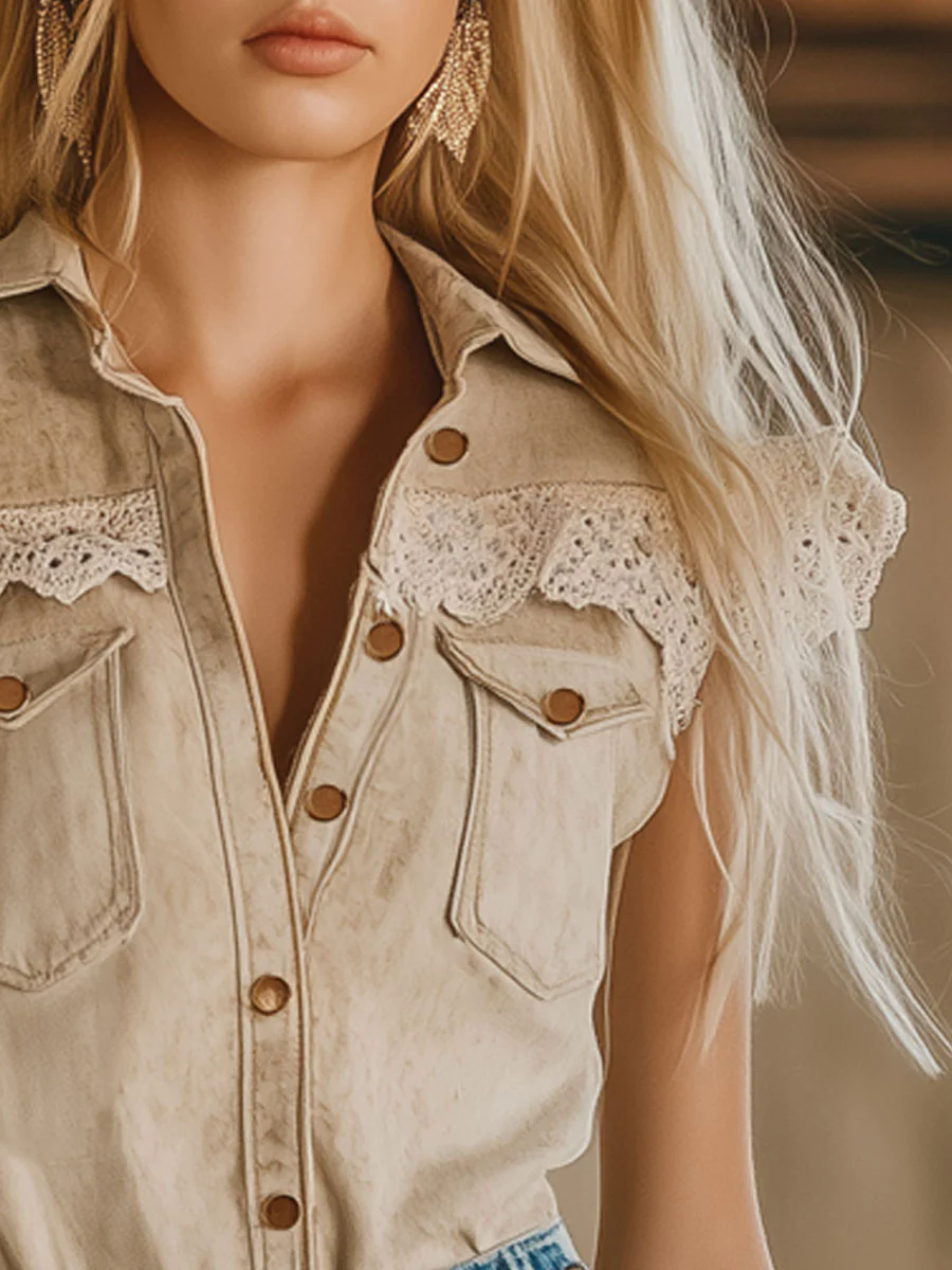 Western Vintage Apricot Suede Lace Trim Sleeveless Shirt Western Vintage Apricot Suede Lace Trim Sleeveless Shirt