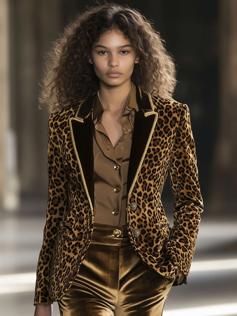 Casual Fashion Velvet Leopard Print Contrast Lapel Gold Edge Blazer