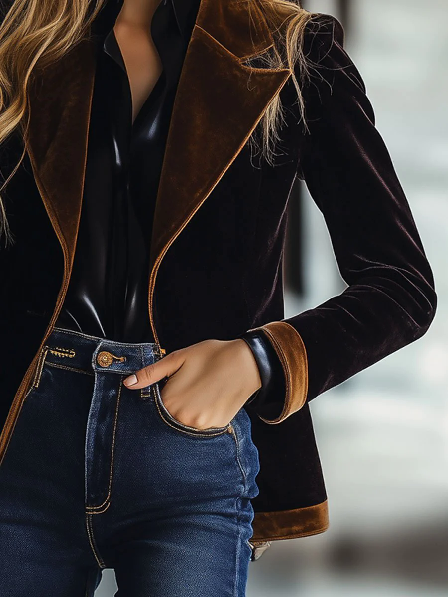 Casual Loose Vintage Velvet Colorblock Lapel Pocket Blazer