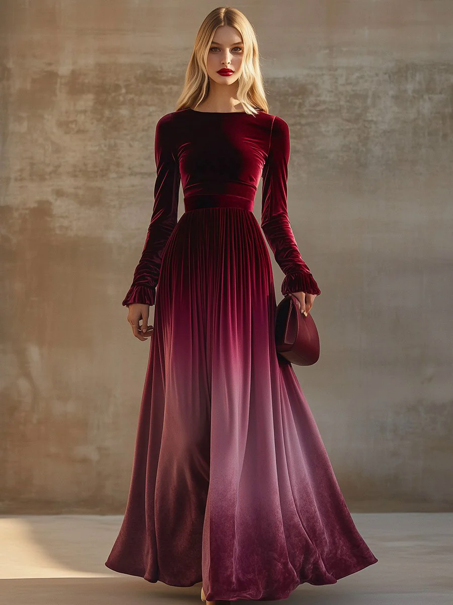 Elegant Straight Collar Trumpet Sleeves Burgundy Gradient Velvet Maxi Dress Elegant Straight Collar Trumpet Sleeves Burgundy Gradient Velvet Maxi Dress