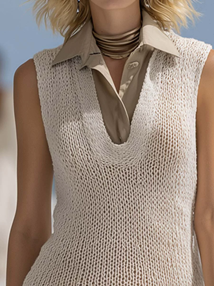 Fashionable And Elegant Shirt Collar White Mesh Knitted Summer Mini Dress Fashionable And Elegant Shirt Collar White Mesh Knitted Summer Mini Dress