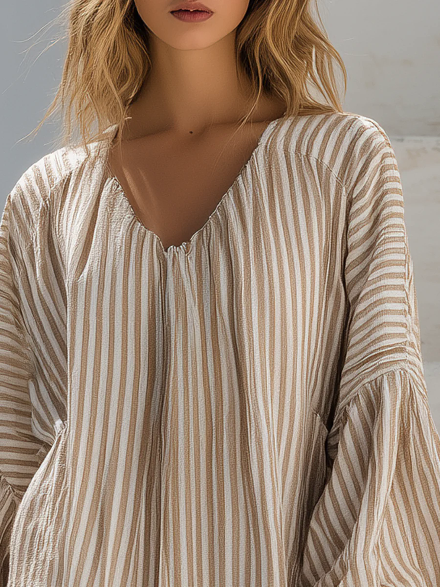 Casual Loose Vacation V-Neck Lantern Sleeve Vertical Striped Mini Dress Casual Loose Vacation V-Neck Lantern Sleeve Vertical Striped Mini Dress