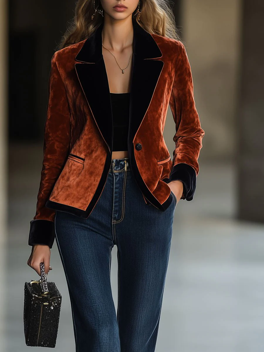 Casual Loose Vintage Velvet Contrast Lapel Pocket Blazer Casual Loose Vintage Velvet Contrast Lapel Pocket Blazer