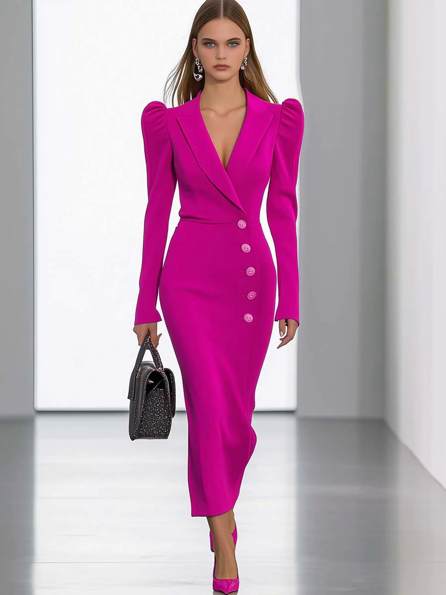 Elegant and Fashionable V-neck Puff Sleeve Bright Pink Slim Fit Midi Dress Elegant and Fashionable V-neck Puff Sleeve Bright Pink Slim Fit Midi Dress