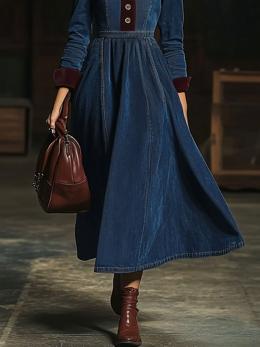 Casual Retro Contrast Color Corduroy Stitching Elastic Waist Long Sleeve Midi Dress
