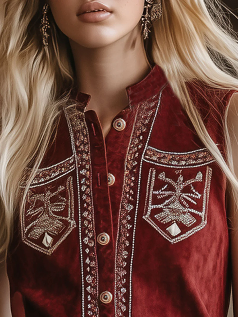 Western Vintage Burgundy Suede Bohemian Embroidered Sleeveless Vest Western Vintage Burgundy Suede Bohemian Embroidered Sleeveless Vest