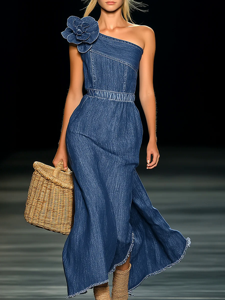 Elegant Strapless Denim 3D Floral Maxi Dress