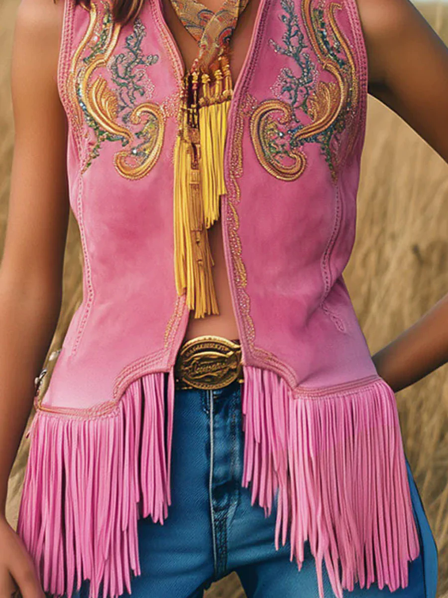 Casual Loose Vintage Gold Embroidery Pink Suede Tassel Vest Casual Loose Vintage Gold Embroidery Pink Suede Tassel Vest