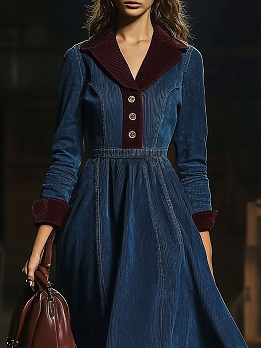 Casual Retro Contrast Color Corduroy Stitching Elastic Waist Long Sleeve Midi Dress