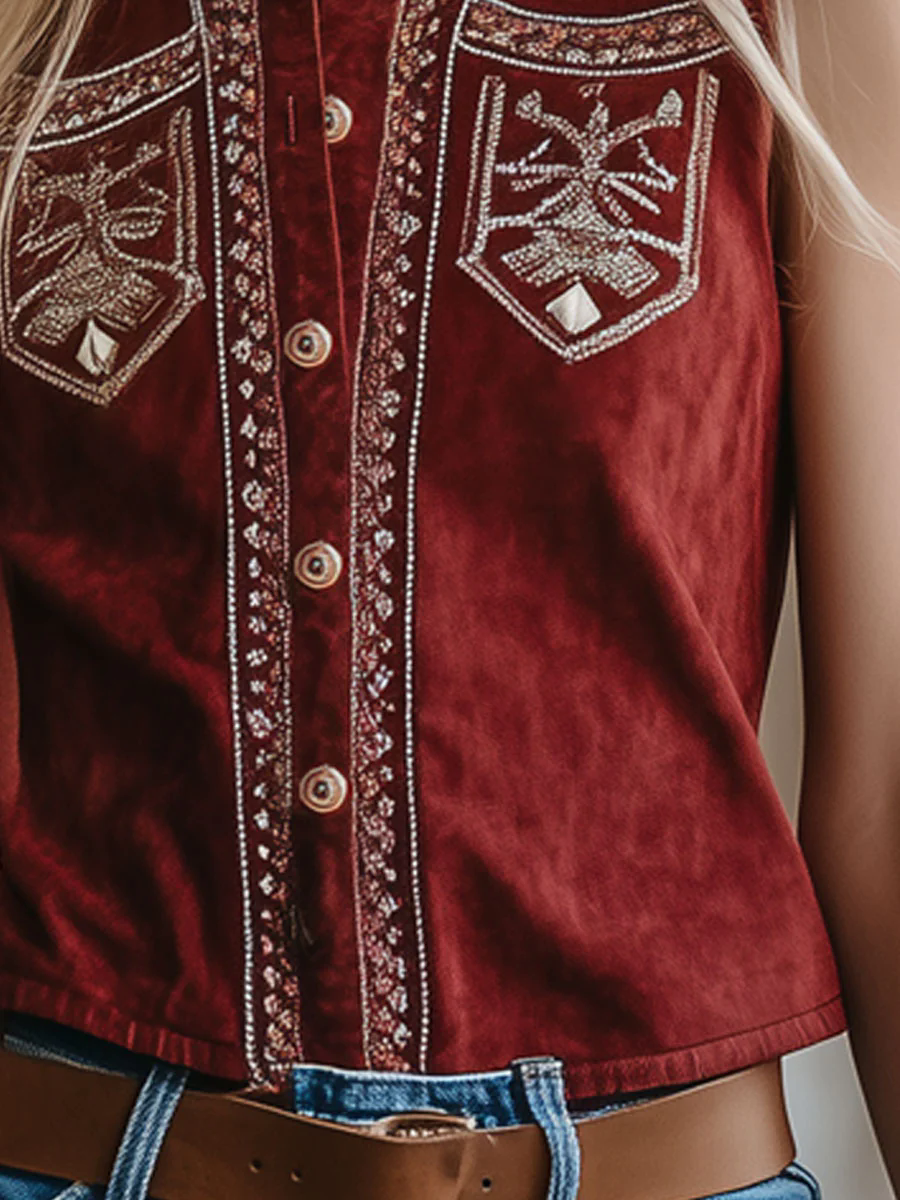Western Vintage Burgundy Suede Bohemian Embroidered Sleeveless Vest Western Vintage Burgundy Suede Bohemian Embroidered Sleeveless Vest