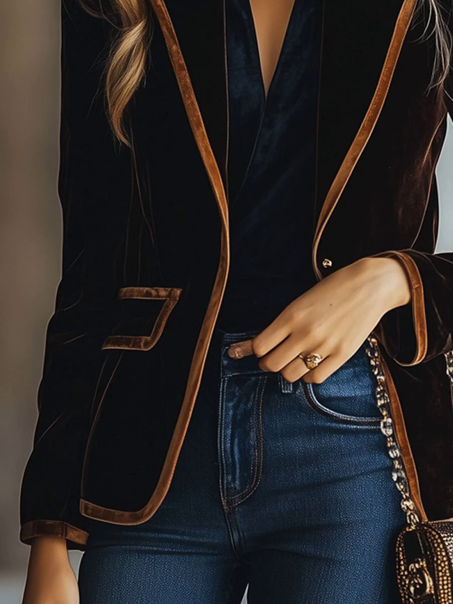 Casual Loose Vintage Velvet Colorblock Striped Pocket Blazer